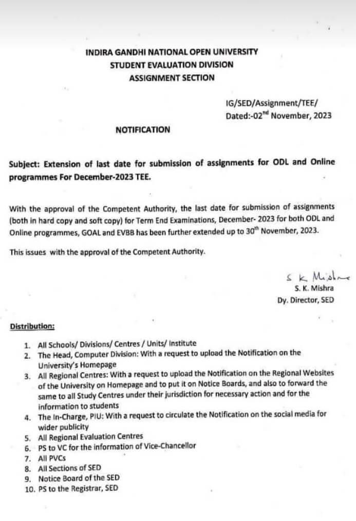 ignou assignment submission last date will be extended